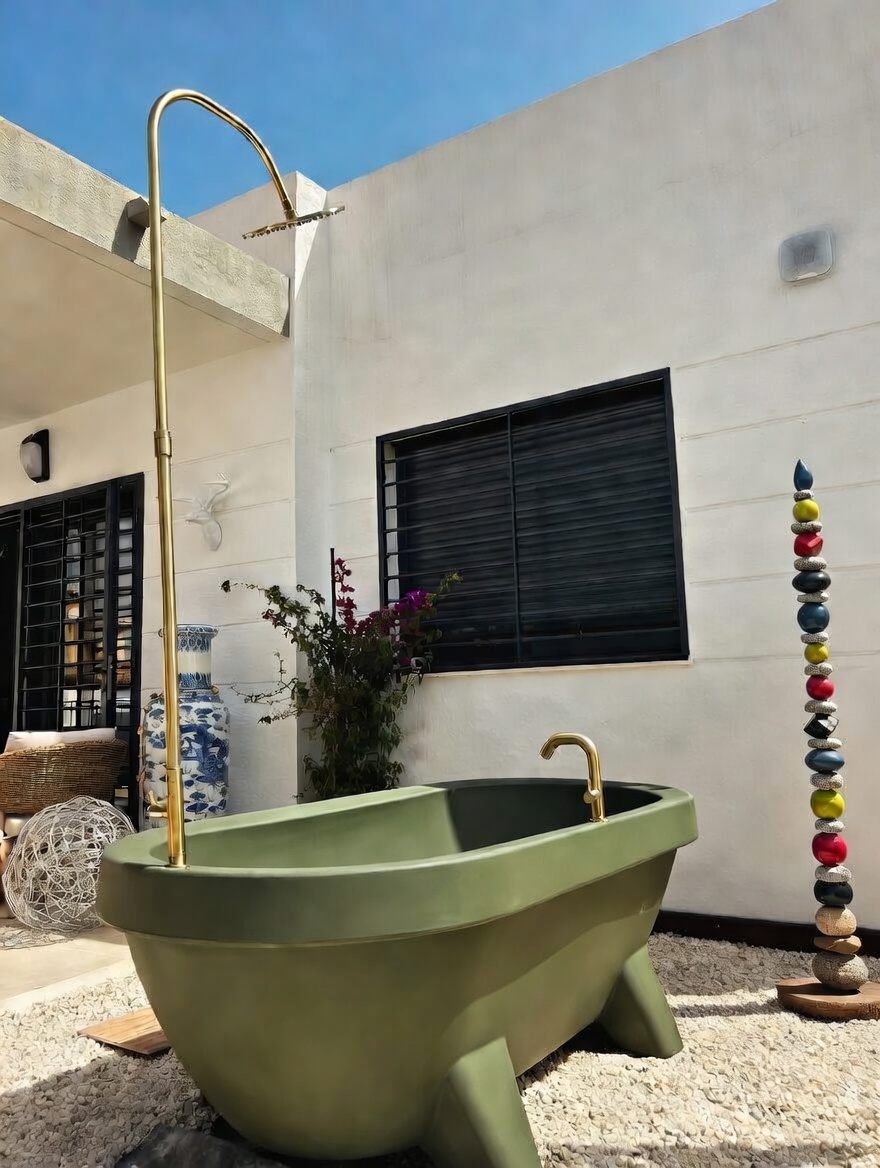 Gardentub olive green with gold accessoires in Spanish garden